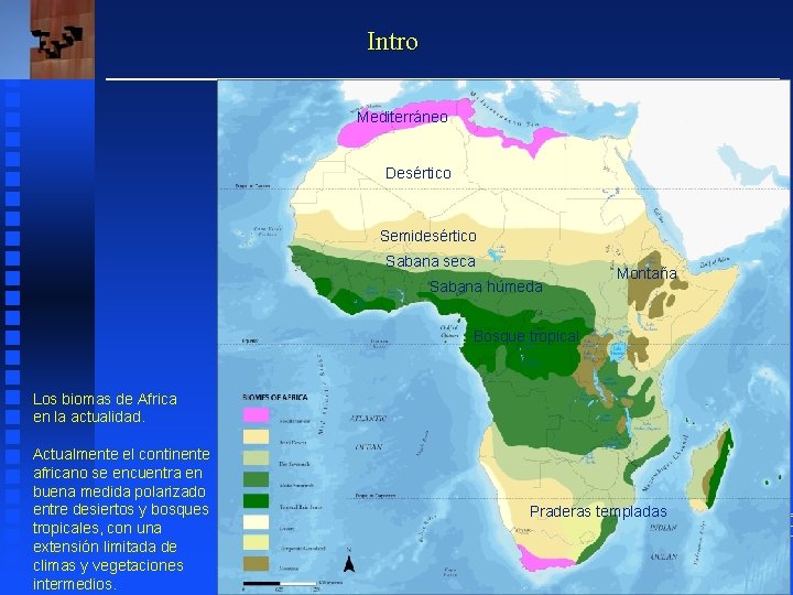 Intro Mediterráneo Desértico Semidesértico Sabana seca Sabana húmeda Montaña Bosque tropical Los biomas de