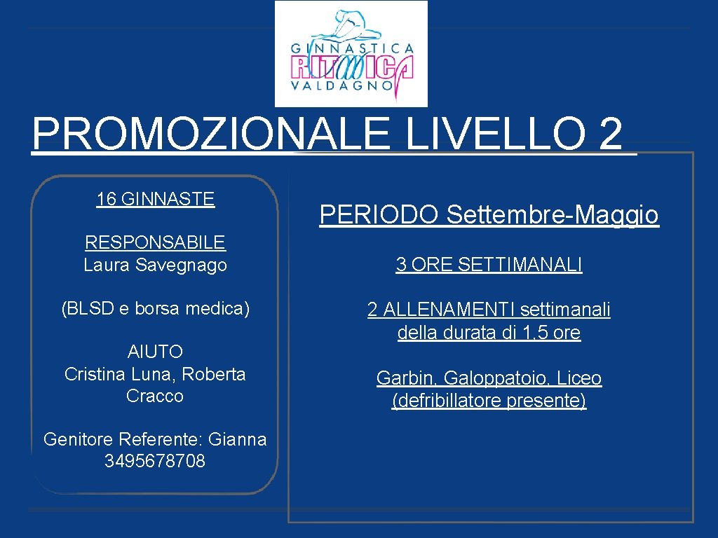 PROMOZIONALE LIVELLO 2 16 GINNASTE RESPONSABILE Laura Savegnago (BLSD e borsa medica) AIUTO Cristina