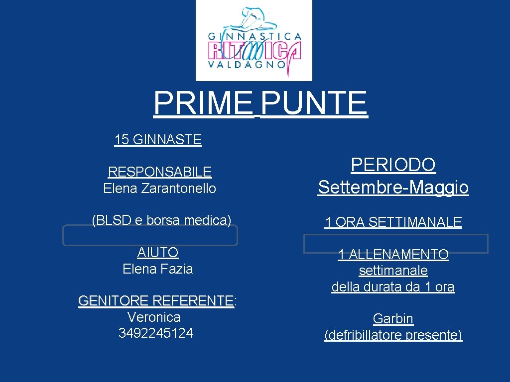 PRIME PUNTE 15 GINNASTE RESPONSABILE Elena Zarantonello PERIODO Settembre-Maggio (BLSD e borsa medica) 1