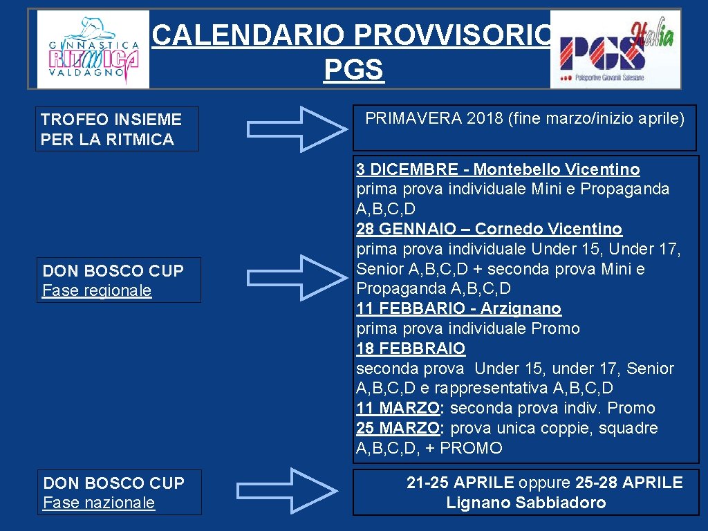 CALENDARIO PROVVISORIO PGS TROFEO INSIEME PER LA RITMICA DON BOSCO CUP Fase regionale DON