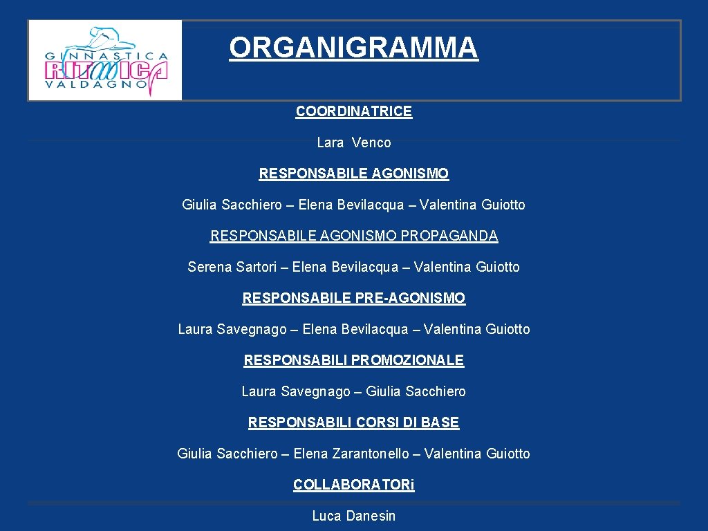 ORGANIGRAMMA COORDINATRICE Lara Venco RESPONSABILE AGONISMO Giulia Sacchiero – Elena Bevilacqua – Valentina Guiotto