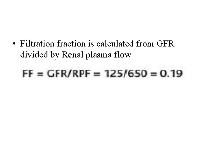  • Filtration fraction is calculated from GFR divided by Renal plasma flow 