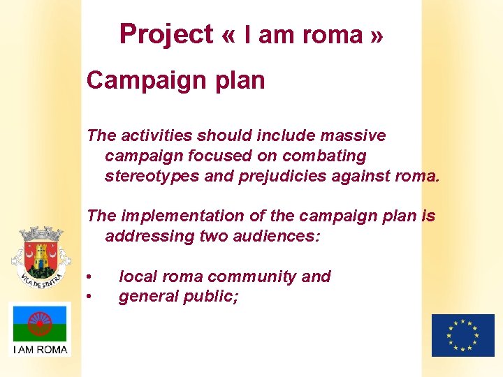 Project « I am roma » Campaign plan The activities should include massive campaign