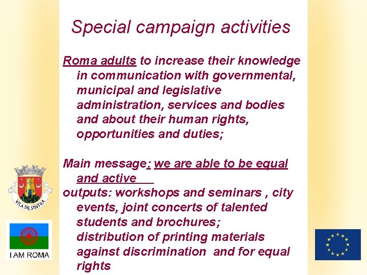 Special campaign activities Roma adults to increase their knowledge in communication with governmental, municipal