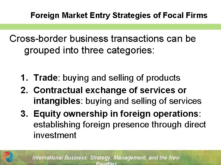 Foreign Market Entry Strategies of Focal Firms Cross-border business transactions can be grouped into