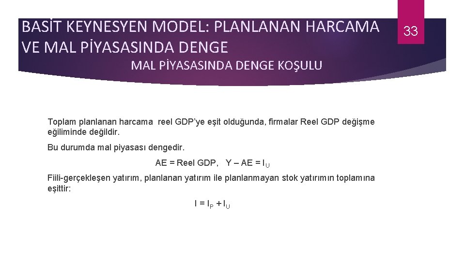 BASİT KEYNESYEN MODEL: PLANLANAN HARCAMA VE MAL PİYASASINDA DENGE KOŞULU Toplam planlanan harcama reel