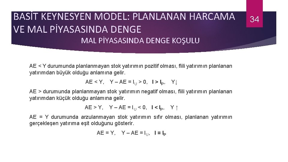 BASİT KEYNESYEN MODEL: PLANLANAN HARCAMA VE MAL PİYASASINDA DENGE KOŞULU AE < Y durumunda