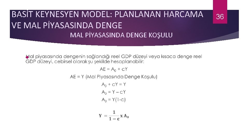 BASİT KEYNESYEN MODEL: PLANLANAN HARCAMA VE MAL PİYASASINDA DENGE KOŞULU 36 