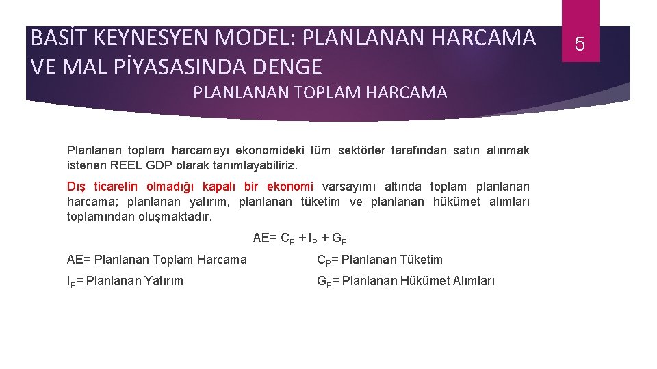 BASİT KEYNESYEN MODEL: PLANLANAN HARCAMA VE MAL PİYASASINDA DENGE PLANLANAN TOPLAM HARCAMA Planlanan toplam