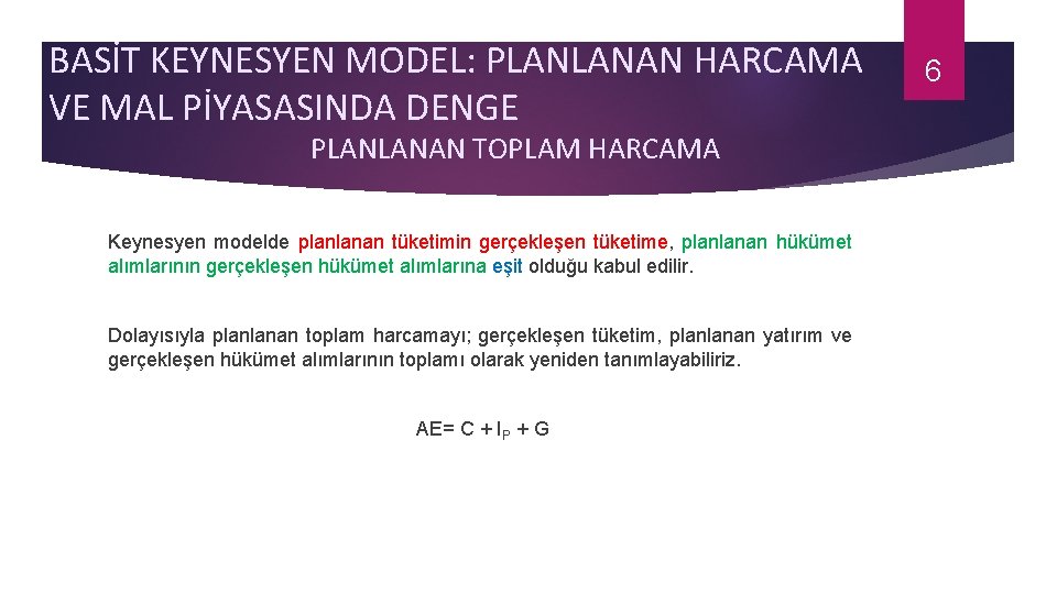 BASİT KEYNESYEN MODEL: PLANLANAN HARCAMA VE MAL PİYASASINDA DENGE PLANLANAN TOPLAM HARCAMA Keynesyen modelde