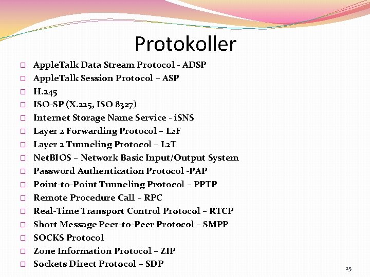 Protokoller � � � � Apple. Talk Data Stream Protocol - ADSP Apple. Talk