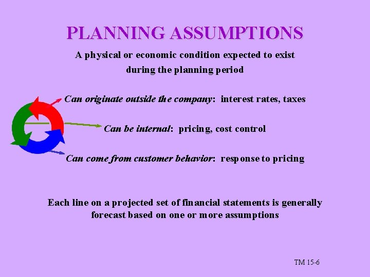 PLANNING ASSUMPTIONS A physical or economic condition expected to exist during the planning period