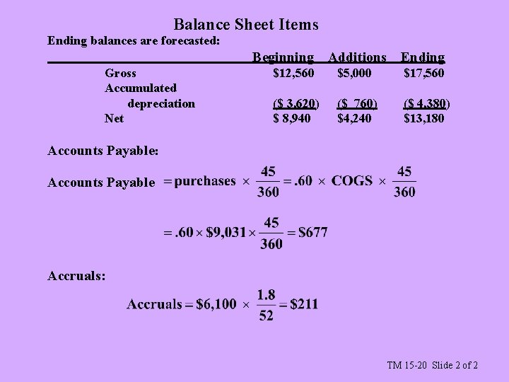 Balance Sheet Items Ending balances are forecasted: Beginning Gross Accumulated depreciation Net Additions Ending