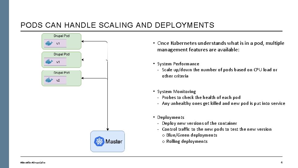 PODS CAN HANDLE SCALING AND DEPLOYMENTS • Once Kubernetes understands what is in a