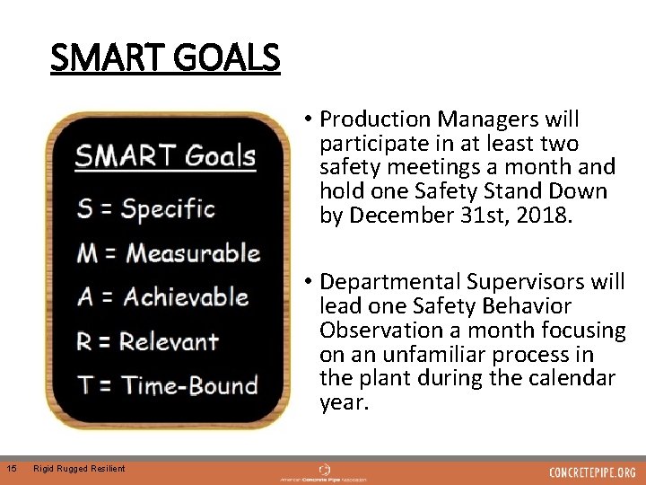 SMART GOALS Production • Production Managers will participate in at least two safety meetings