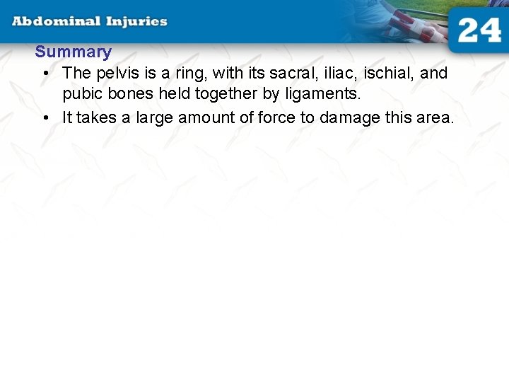 Summary • The pelvis is a ring, with its sacral, iliac, ischial, and pubic