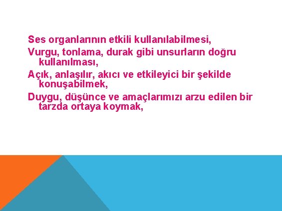 Ses organlarının etkili kullanılabilmesi, Vurgu, tonlama, durak gibi unsurların doğru kullanılması, Açık, anlaşılır, akıcı