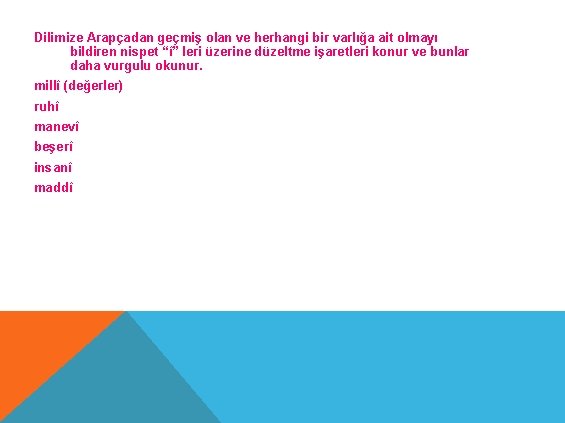 Dilimize Arapçadan geçmiş olan ve herhangi bir varlığa ait olmayı bildiren nispet “î” leri