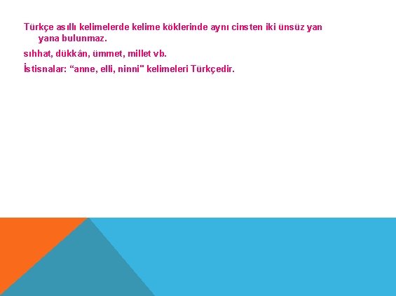 Türkçe asıllı kelimelerde kelime köklerinde aynı cinsten iki ünsüz yana bulunmaz. sıhhat, dükkân, ümmet,