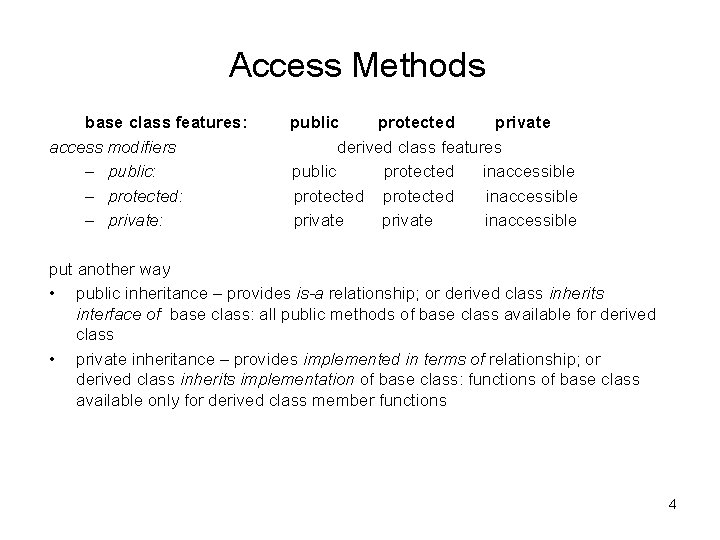 Access Methods base class features: access modifiers – public: – protected: – private: public