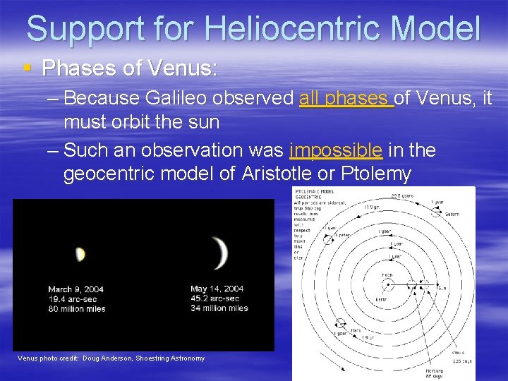 Support for Heliocentric Model § Phases of Venus: – Because Galileo observed all phases