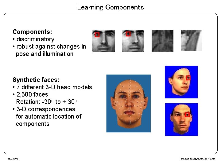Learning Components: • discriminatory • robust against changes in pose and illumination Synthetic faces: