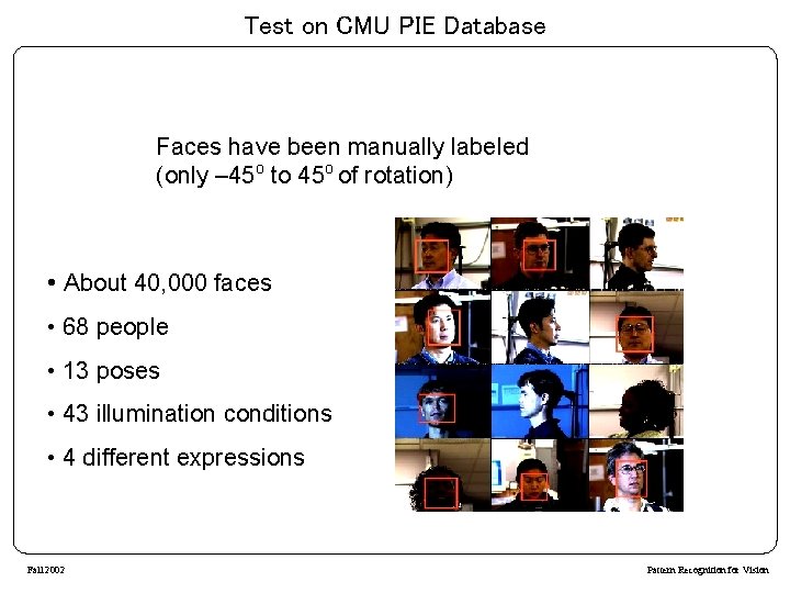 Test on CMU PIE Database Faces have been manually labeled (only – 45 o