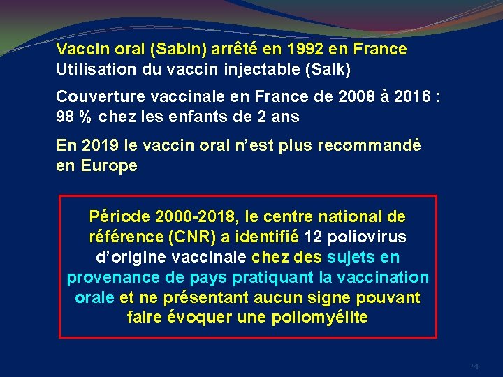 Vaccin oral (Sabin) arrêté en 1992 en France Utilisation du vaccin injectable (Salk) Couverture