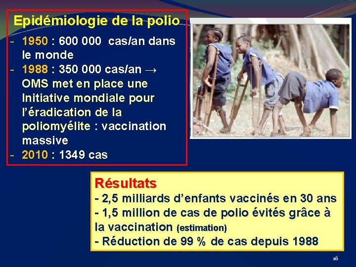 Epidémiologie de la polio - 1950 : 600 000 cas/an dans le monde -