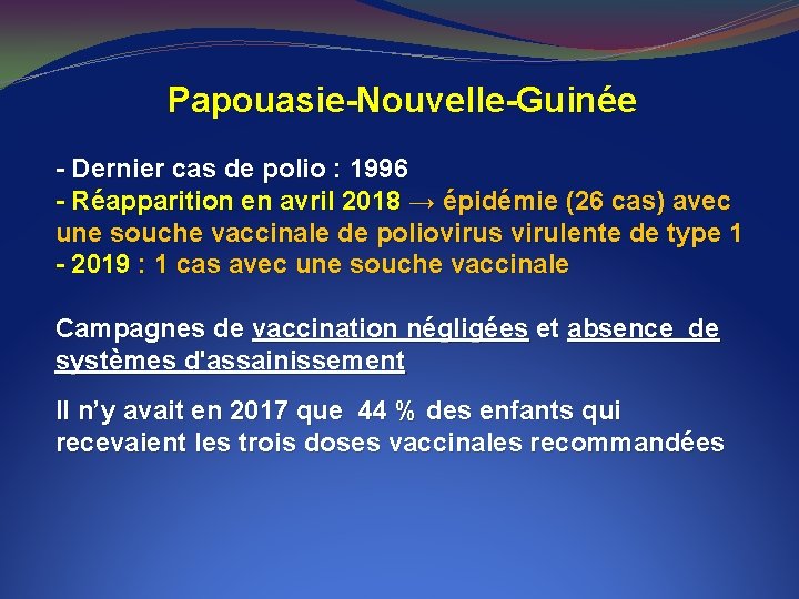 Papouasie-Nouvelle-Guinée - Dernier cas de polio : 1996 - Réapparition en avril 2018 →