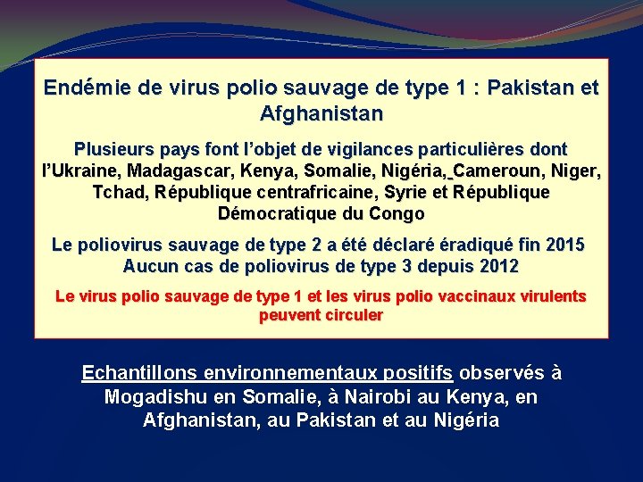 Endémie de virus polio sauvage de type 1 : Pakistan et Afghanistan Plusieurs pays