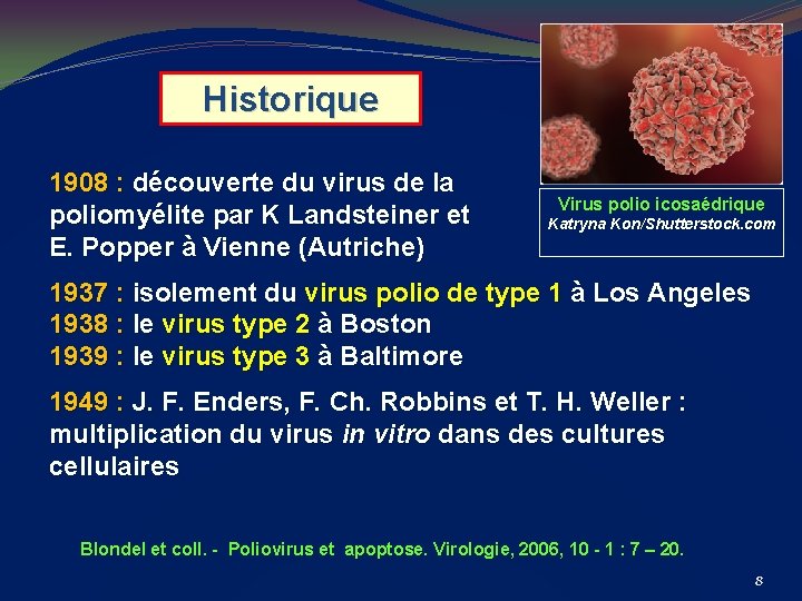 Historique 1908 : découverte du virus de la poliomyélite par K Landsteiner et E.