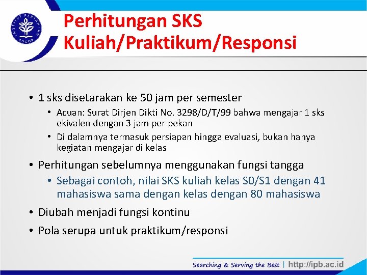 Perhitungan SKS Kuliah/Praktikum/Responsi • 1 sks disetarakan ke 50 jam per semester • Acuan: