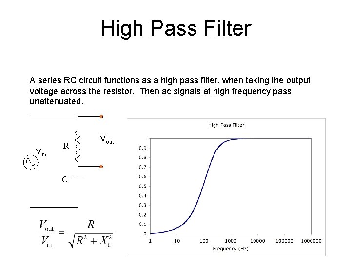 High Pass Filter A series RC circuit functions as a high pass filter, when