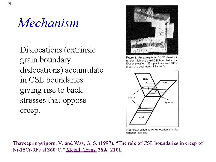 70 Mechanism Dislocations (extrinsic grain boundary dislocations) accumulate in CSL boundaries giving rise to