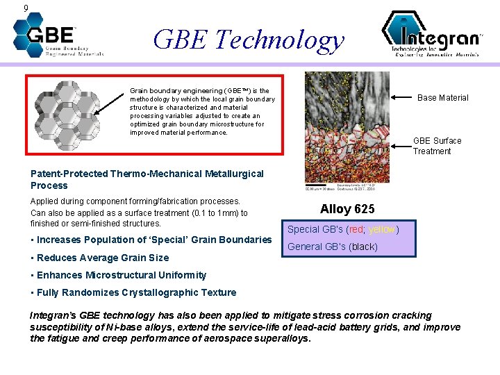 9 GBE Technology Grain boundary engineering (GBE™) is the methodology by which the local