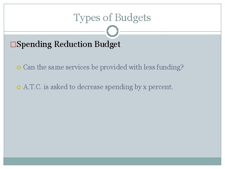 Types of Budgets �Spending Reduction Budget Can the same services be provided with less