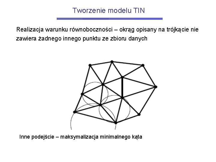 Tworzenie modelu TIN Realizacja warunku równoboczności – okrąg opisany na trójkącie nie zawiera żadnego
