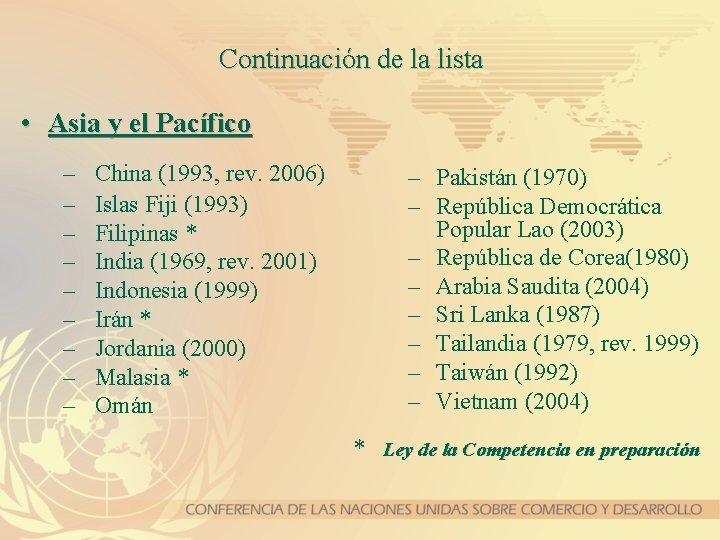 Continuación de la lista • Asia y el Pacífico – – – – –