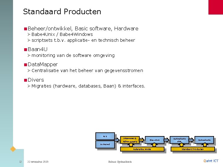 Standaard Producten <Beheer/ontwikkel, Basic software, Hardware Ø Babe 4 Unix / Babe 4 Windows