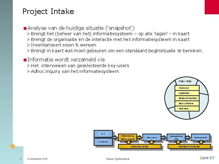 Project Intake <Analyse van de huidige situatie (‘snapshot’) Ø Brengt het (beheer van het)