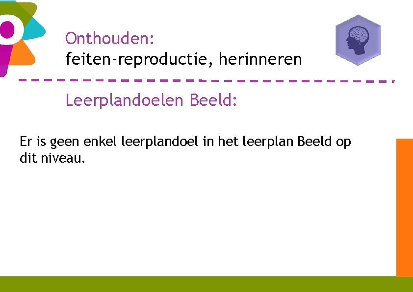 Onthouden: feiten-reproductie, herinneren Leerplandoelen Beeld: Er is geen enkel leerplandoel in het leerplan Beeld