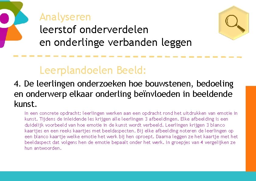 Analyseren leerstof onderverdelen en onderlinge verbanden leggen Leerplandoelen Beeld: 4. De leerlingen onderzoeken hoe