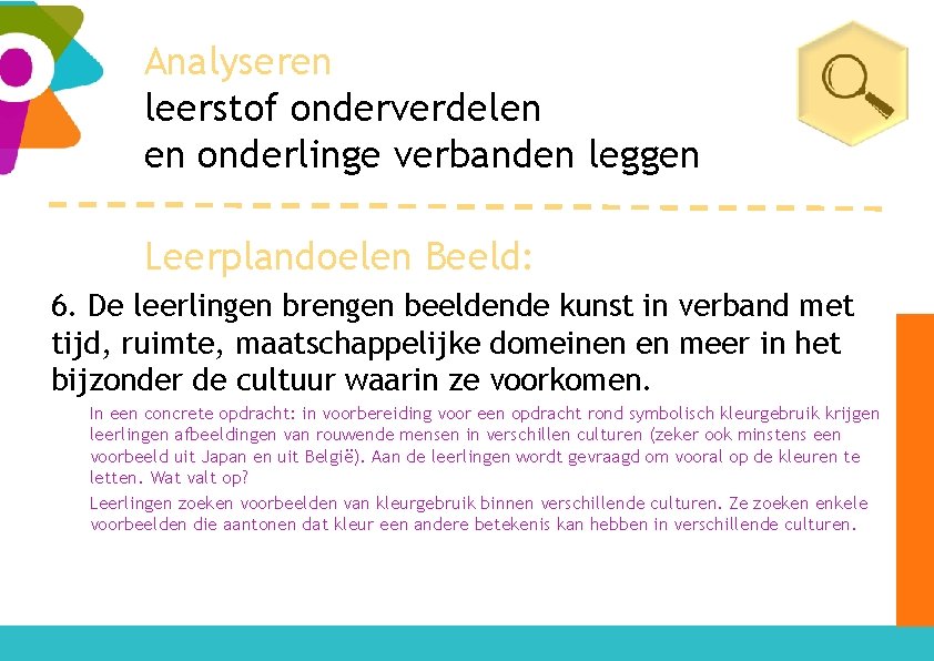 Analyseren leerstof onderverdelen en onderlinge verbanden leggen Leerplandoelen Beeld: 6. De leerlingen brengen beeldende