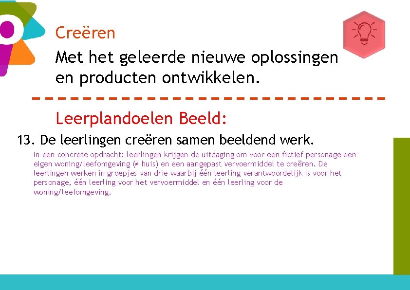 Creëren Met het geleerde nieuwe oplossingen en producten ontwikkelen. Leerplandoelen Beeld: 13. De leerlingen