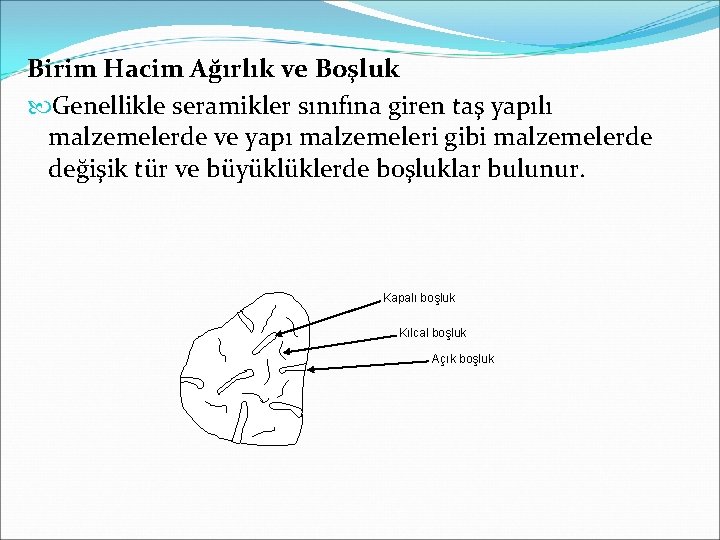 Birim Hacim Ağırlık ve Boşluk Genellikle seramikler sınıfına giren taş yapılı malzemelerde ve yapı