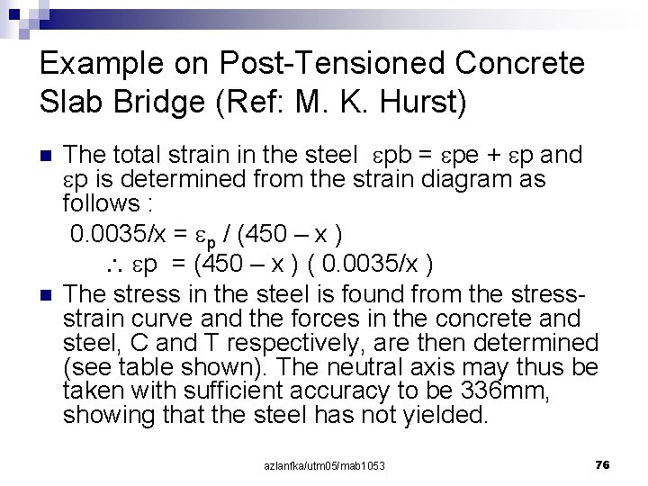 Example on Post-Tensioned Concrete Slab Bridge (Ref: M. K. Hurst) n n The total