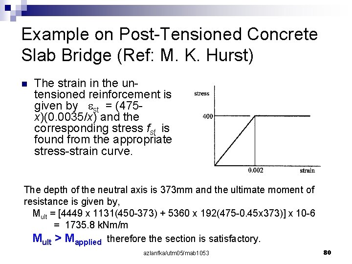 Example on Post-Tensioned Concrete Slab Bridge (Ref: M. K. Hurst) n The strain in