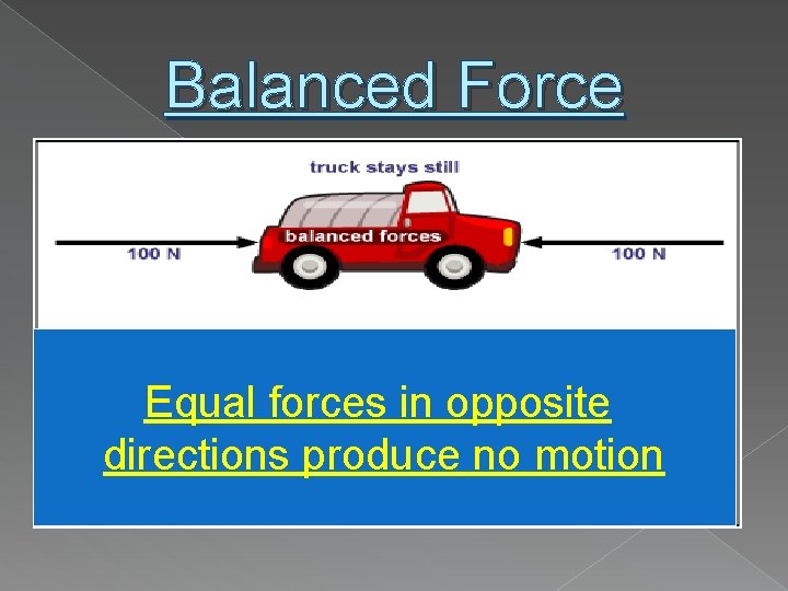 Balanced Force Equal forces in opposite directions produce no motion 