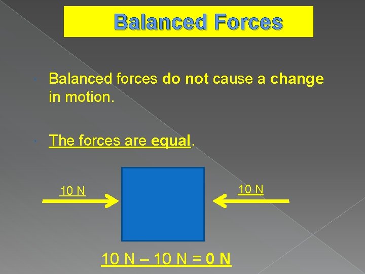 Balanced Forces Balanced forces do not cause a change in motion. The forces are